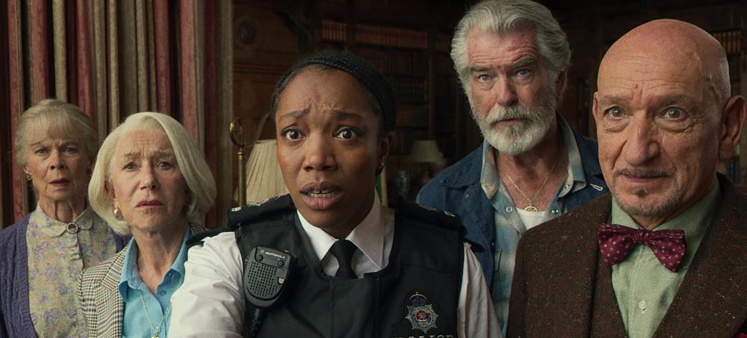 Celia Imrie, Helen Mirren, Naomi Ackie, Pierce Brosnan, and Ben Kingsley in 'The Thursday Murder Club'