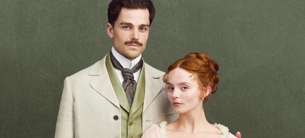 Millie Gibson as Irene Heron and Joshua Orpin as Soames Forsyte in. 'The Forsytes' Season 1