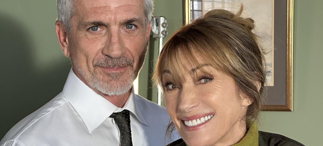 Joe Lando and Jane Seymour on the set of 'Harry Wild' Season 5