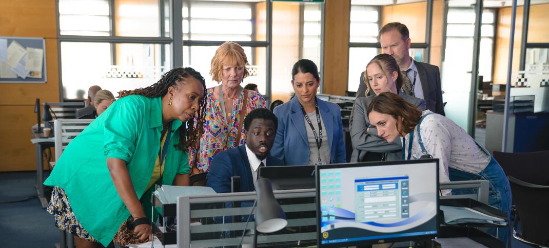Jo Martin as Suzie Harris, Samantha Bond as Judith Potts, Tijan Sarr as DC Jason Kennedy, Natalie Dew as DS Tanika Malik, Holli Dempsey as DC Alice Hakett, Phill Langhorne as DS Brendan Perry, and Cara Horgan as Becks Starling in 'The Marlow Murder Club' Season 2