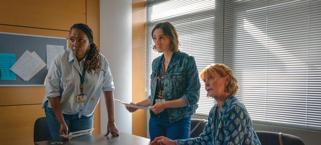 Jo Martin as Suzie Harris, Samantha Bond as Judith Potts, and Cara Horgan as Becks Starling in 'The Marlow Murder Club' Season 2