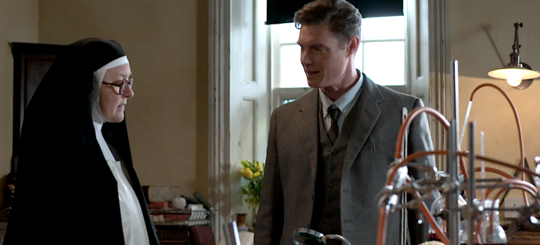 Picture shows: Sister Boniface (Lorna Watson) and DI Sam Gillespie (Max Brown) discuss the case in the lab.