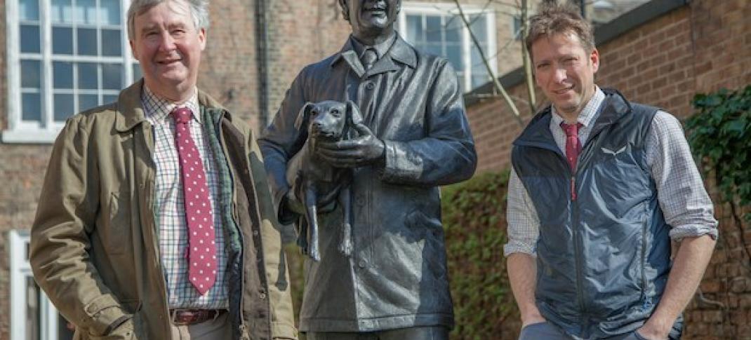 Carrying on the tradition of all things great and small; veterinarians Peter Wright and Julian Norton with the statue of their mentor, James Herriot. © Daisybeck Studios/Channel 5