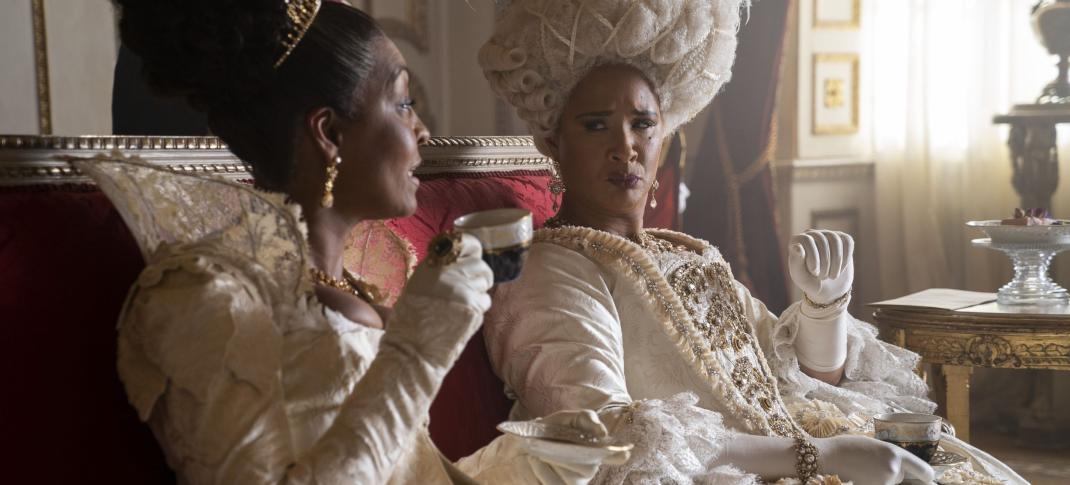 Adjoa Andoh as Lady Danbury and Golda Rosheuvel as Queen Charlotte in Bridgerton