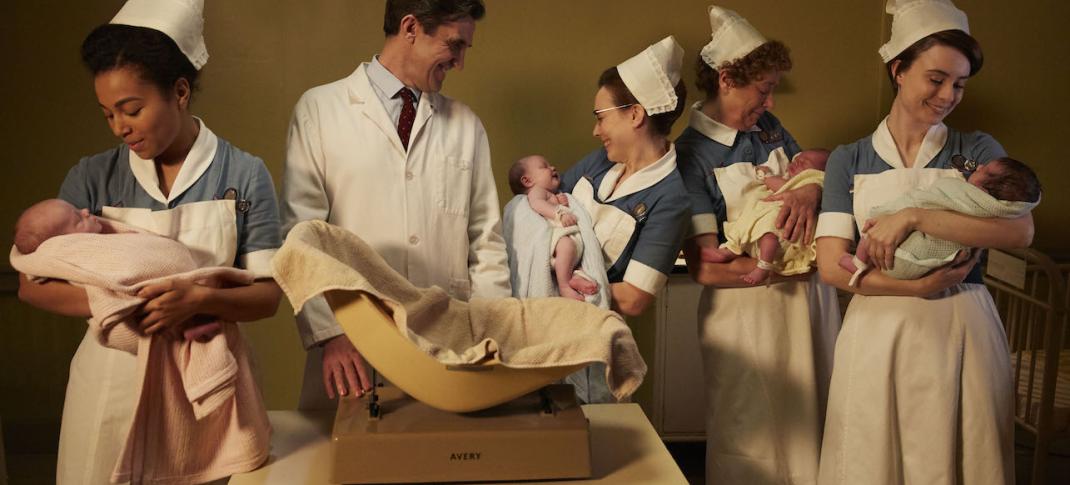 It;s a baby boom for Nurse Anderson (Leonie Elliott), Dr. Turner (Stephen McGann), Nurse Turner (Laura Main), Nurse Crane (Linda Bassett) and Nurse Dyer (Jennifer Kirby)  (Photo Credit: Courtesy of Neal Street Productions)