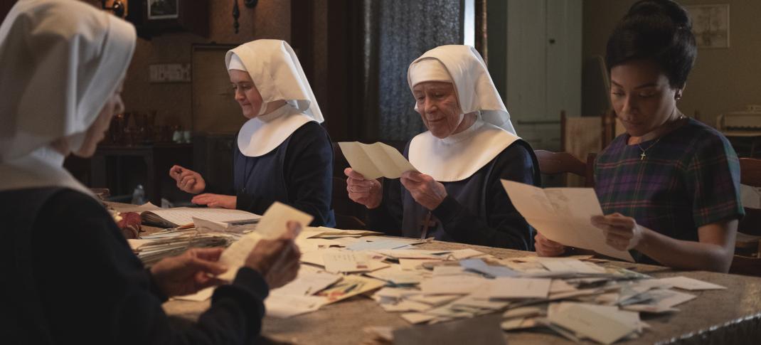 Sister Julienne (Jenny Agutter), Sister Frances (Ella Bruccoleri), Sister Monica Joan (Judy Parfitt and Nurse  Anderson (Leonie Elliott) work to save Nonnatus House     Credit: Courtesy of BBC / Neal Street Productions