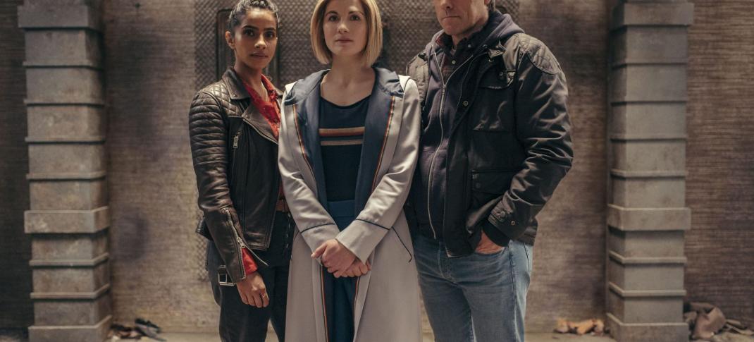 Jodie Whittaker as the Thirteenth Doctor, Mandip Gill as Yaz, and John Bishop as Dan in 'Doctor Who' Season 13