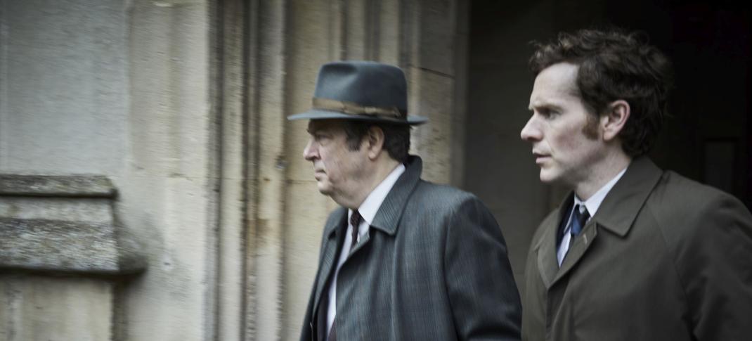 Shaun Evans and Roger Allam as Morse and Thursday heading down the streets of Oxford in Endeavour Season 8