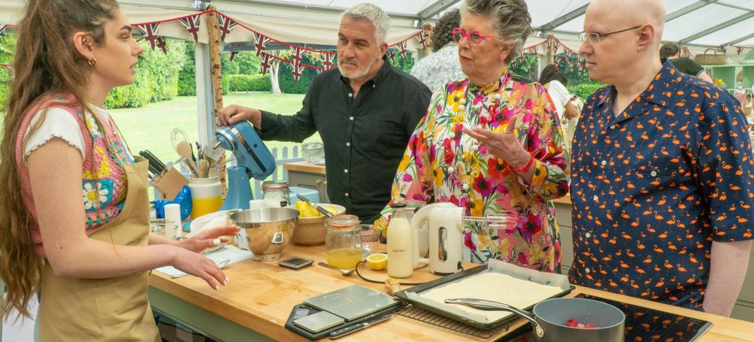 Paul Hollywood, Prue Leith, Matt Lucas and contestant Freya in GBBO Season 12