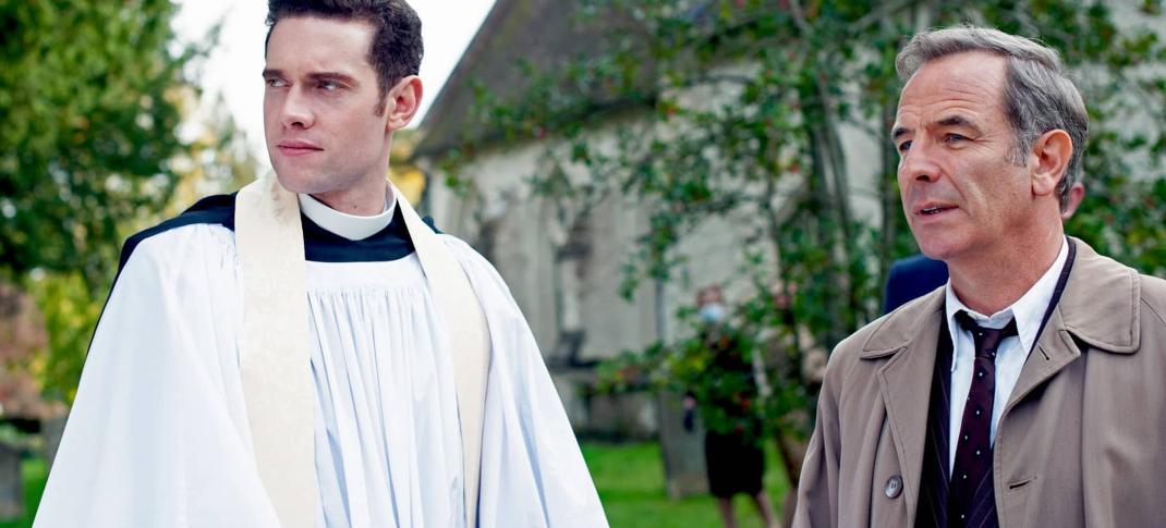 Robson Green as DCI Geordie Keating and Tom Brittney as Rev. Will Davenport in Grantchester Season 6