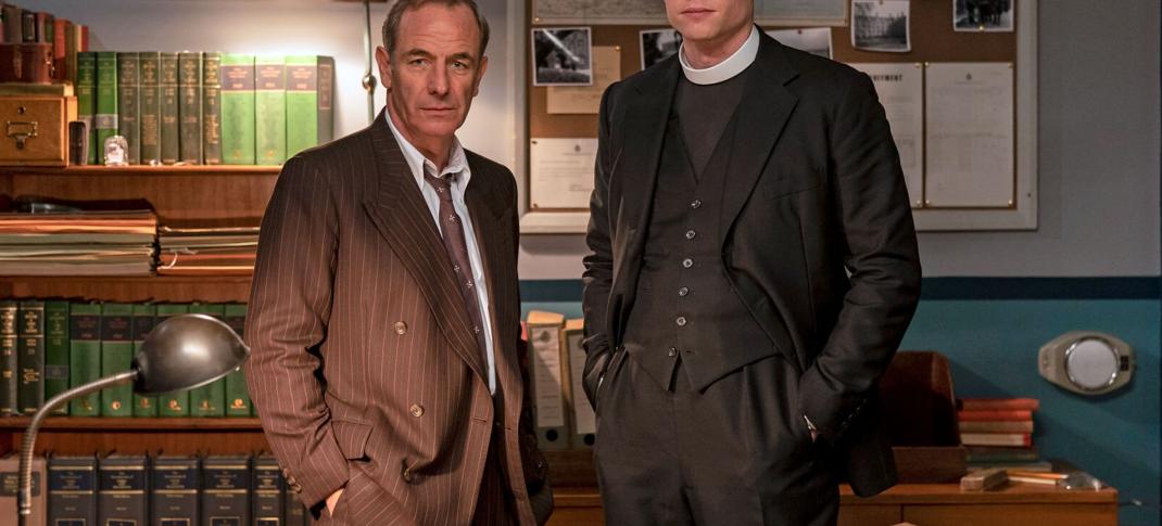 Tom Brittney as Rev. Will Davenport and Robson Green as Det. Geordie Keating in 'Grantchester' Season 7