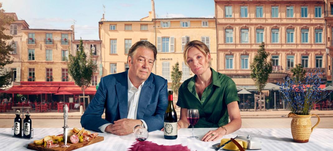 Roger Allam as Antoine Verlaque and Nancy Carroll as Marine Bonnet at the dinner table in 'Murder in Provence'