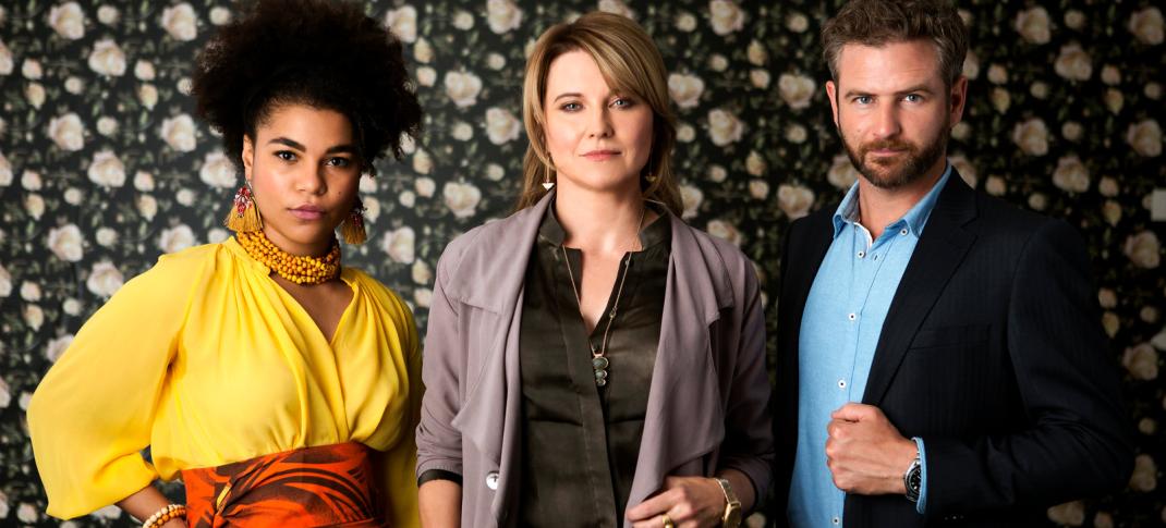 Lucy Lawless, Ebony Vagulans, and Rawiri Jobe in My Life is Murder