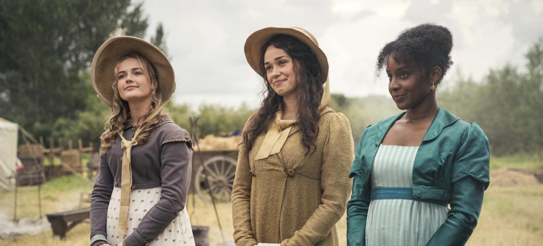 Rosie Graham as Alison Heywood, Rose Williams as Charlotte Heywood, and Crystal Clarke as Georgiana Lambe in 'Sanditon' Season 2, Episode 1