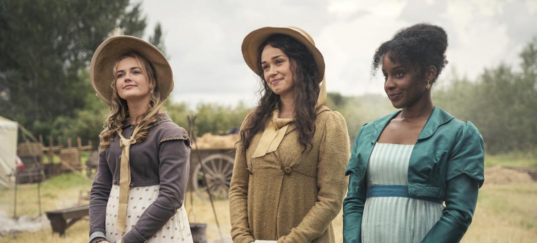 Rosie Graham as Alison Heywood, Rose Williams as Charlotte Heywood, and Crystal Clarke as Georgiana Lambe in 'Sanditon' Season 2, Episode 1
