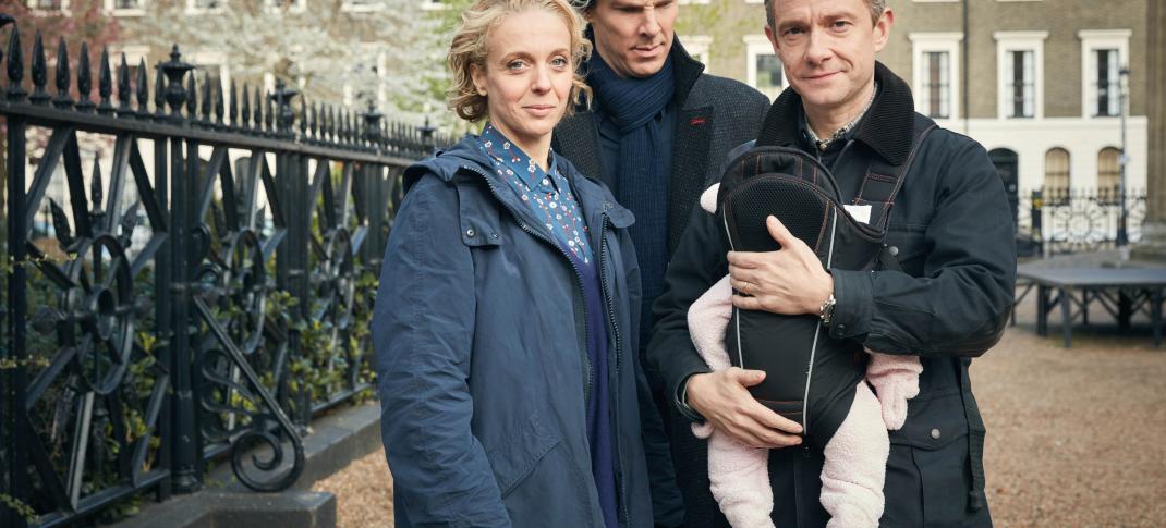 Amanda Abbington, Benedict Cumberbatch and Martin Freeman in the cutest family photo ever. (Photo: Courtesy of Robert Viglasky/Hartswood Films 2016 for MASTERPIECE)