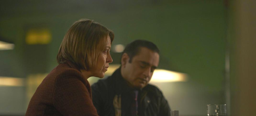 Nicola Walker as Cassie Stuart and Sanjeev Bhaskar as Sunny Khan have a drink at the bar in Unforgotten Season 4