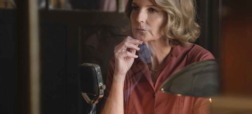 Helen Hunt as Nancy Campbell in the recording studio in World on Fire Season 1
