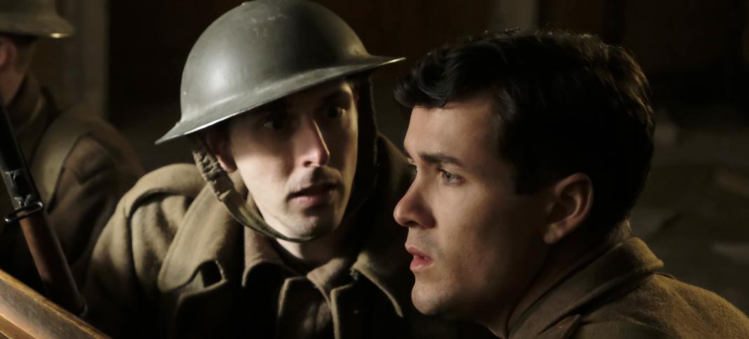 Blake Harrison as Stan Raddings and Jonah Hauer-King as Harry Chase in the trenches in World on Fire Season 1