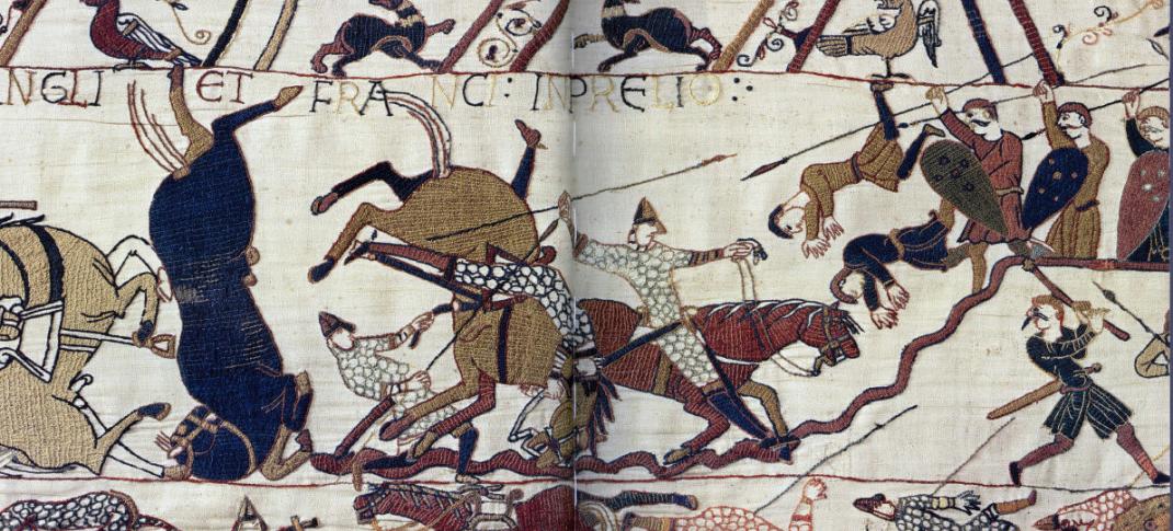 A battle detail from the Bayeux Tapestry. Public Domain.