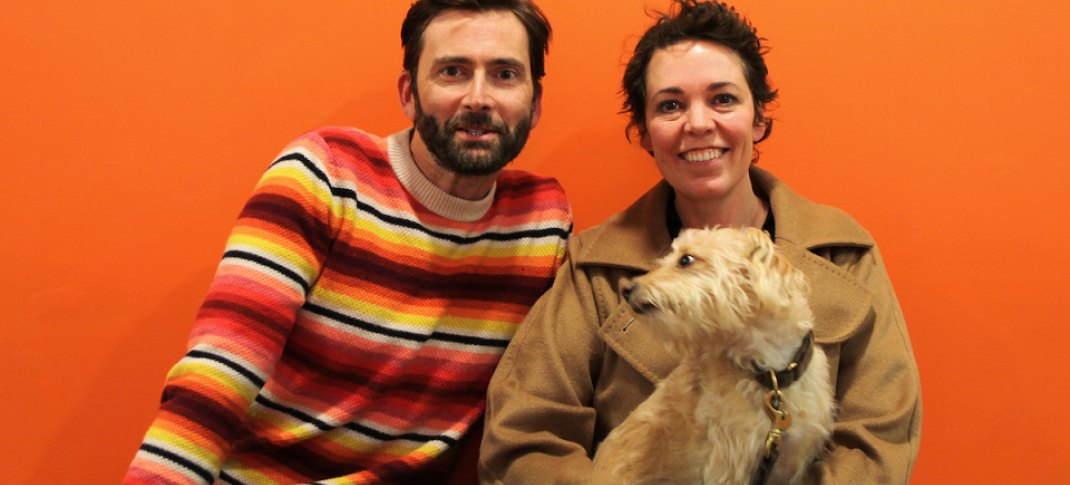 David Tennant, Olivia Colman and an adorable furry guest on his new podcast (Photo: Acast)