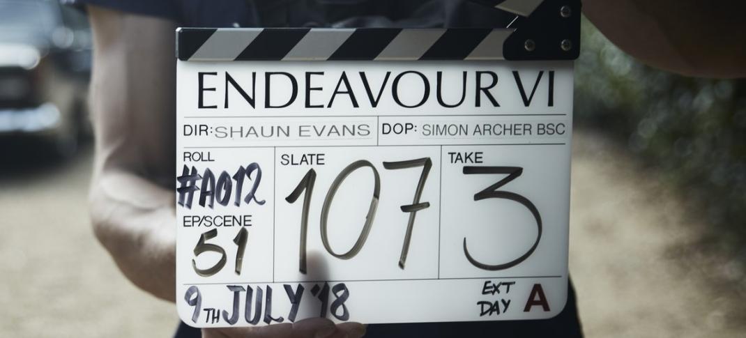 A production slate from the start of "Endeavour" Season 6 filming. (Photo Credit: Courtesy of ITV and MASTERPIECE)