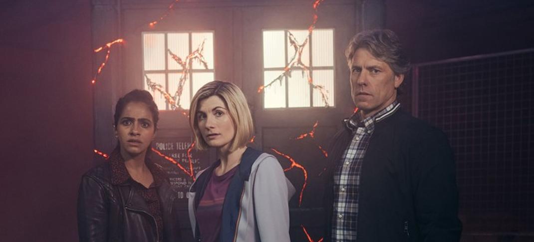 Mandip Gill, Jodie Whittaker and John Bishop in Doctor Who: Eve of The Daleks