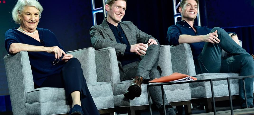 Rebecca Eaton, Shaun Evans and Tom Brittney at the 2019 TCAs (Photo: Rahoul Ghose/PBS)