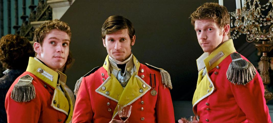 Tom Weston-Jones as Colonel Lennox, Frank Blake as Captain Declan Fraser and Maxim Ays as Captain William Carter in Sanditon Season 2