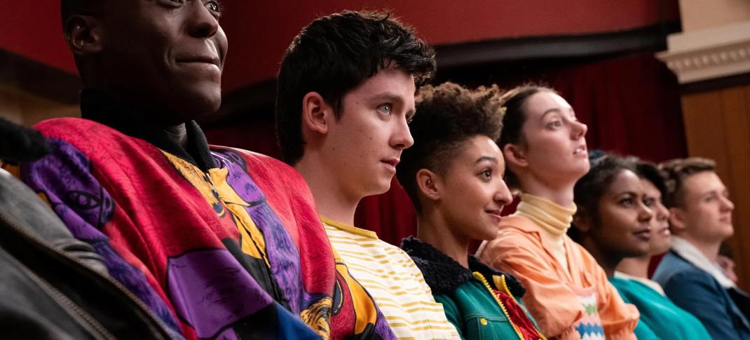 Ncuti Gatwa as Eric Effiong, Asa Butterfield as Otis Milburn, Patricia Allison as Ola Nyman, Tanya Reynolds as Lily Iglehart, and Simone Ashley as Olivia Hanan in Sex Education