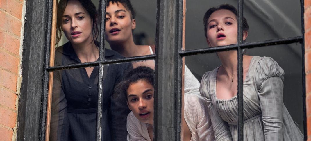 Anne Elliot (Dakota Johnson), Henrietta Musgrove (Izuka Hoyle), Louisa Musgrove (Nia Towle), and Mary Musgrove (Mia McKenna-Bruce) Photo: Nick Wall / Courtesy of Netflix